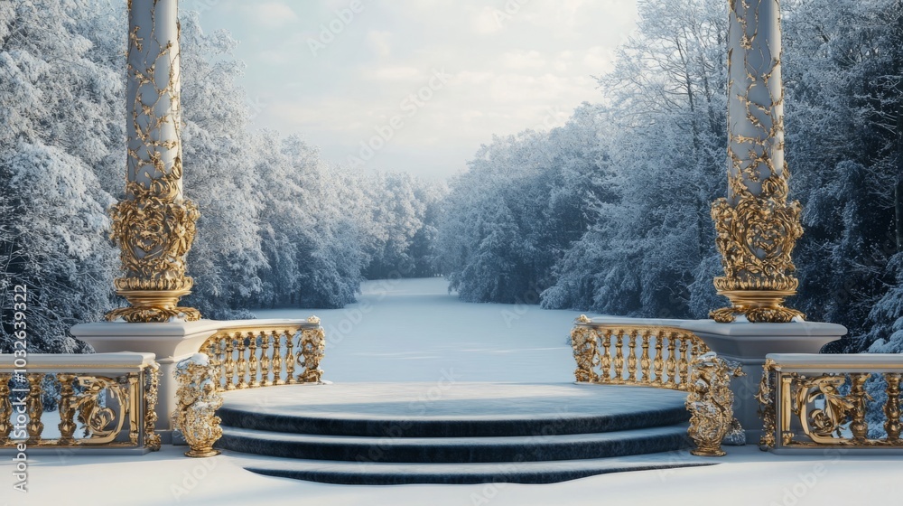Poster a white gazebo with gold trim and railings stands in a snowy forest. the trees are covered in snow, 