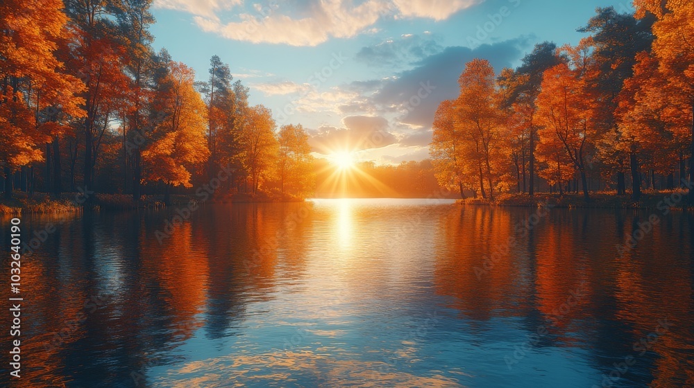 Aufkleber the sun sets over a peaceful lake, casting a warm golden glow on the water while colorful autumn tre