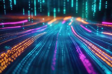 Neon glowing texture of trails and matrix elements, digital tech concept design, abstract background