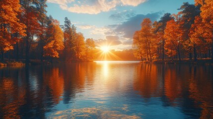 The sun sets over a peaceful lake, casting a warm golden glow on the water while colorful autumn trees create a stunning backdrop against the sky.