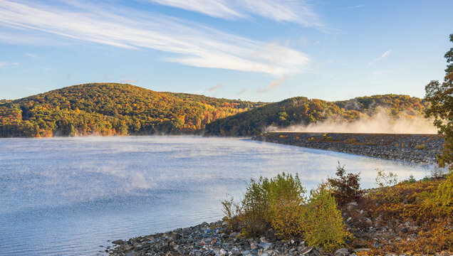 Mist rising from Quabbin Reservoir near Winsor Dam