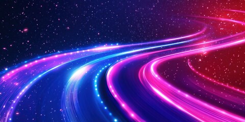Neon wavy path leading to space, glowing speed trail with light particles, blur and glowing effect, abstract background for prints and designs