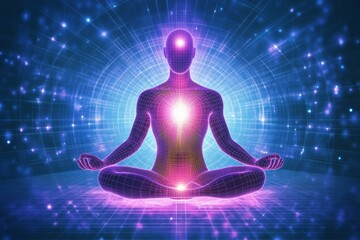 Meditative figure with glowing chakras in a cosmic setting symbolizing spiritual alignment inner balance and the energy of the universe radiating through the interconnected chakras