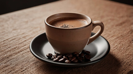 Fototapeta premium A Steaming Cup A Beautifully Cup of coffee and beans Boden Ooh on a Rustic Background
