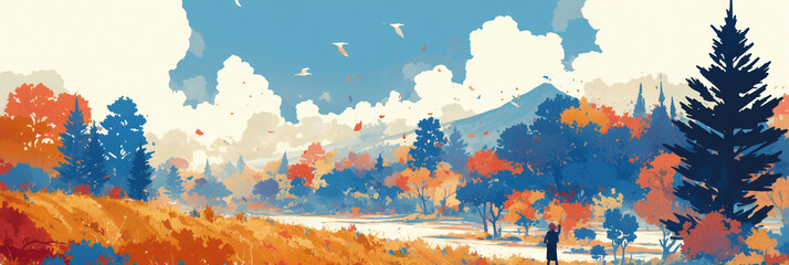 Watercolor mountain landscape with trees desktop wallpaper. Beautiful autumn nature landscape with forest watercolor illustration.
