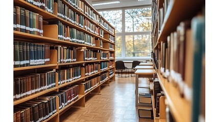 Obraz premium Library interior with shelves of books and seating.