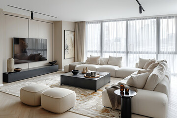 Minimalist home interior design of spacious modern living room with a sectional sofa and large windows.