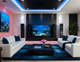 Sleek Modern Home Theater with Ambient Lighting, Flat-Screen TV, and Surround Sound System Setup