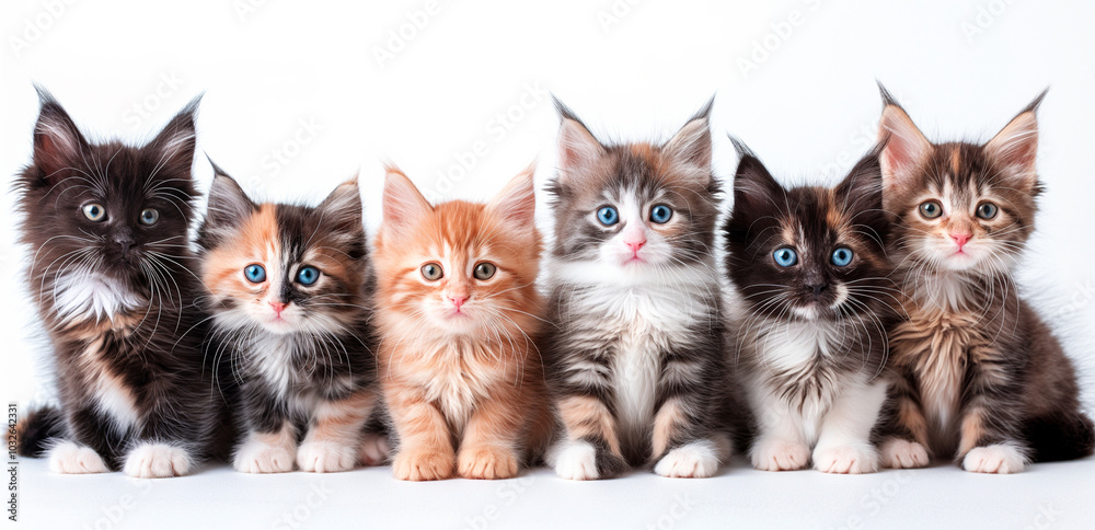 Wall mural a group of small maine coon kittens of different colors, gray, red, black, sitting on a light backgr