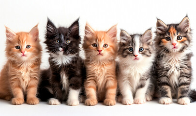 A group of small Maine Coon kittens of different colors, gray, red, black, sitting on a light background