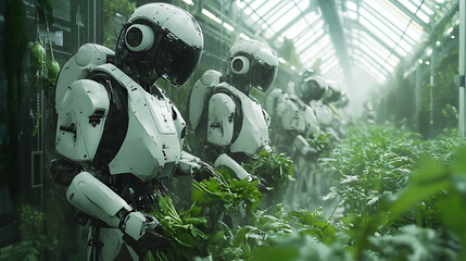 Three robots are in a greenhouse, each holding a leaf