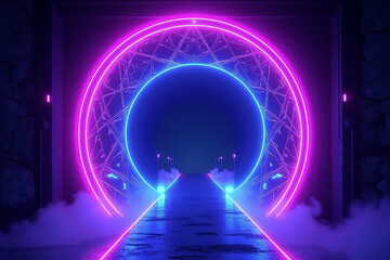 Purple and blue magical geometric circle neon portal shrouded. Round glowing frame. Futuristic teleporter. Light effect. Bright lights illuminate a night scene. Runway light effect