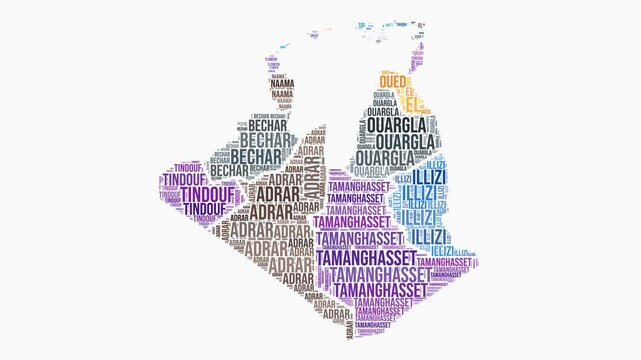 Algeria regions word cloud animation. Country logo animated video. Algeria colored text cloud. Regions typography style motion graphics. Stylish video.