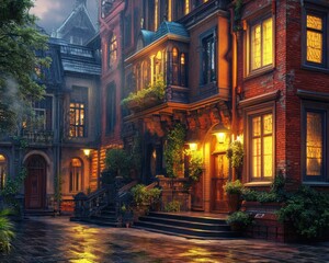 Historic building with vibrant architecture, soft lighting, cozy city setup.