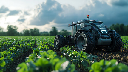 A tractor is driving through a field of green plants