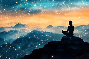 Obraz premium Silhouette of a person meditating on a mountain under a starry night sky symbolizing peace mindfulness and the vast connection between the self and the universe in a cosmic landscape