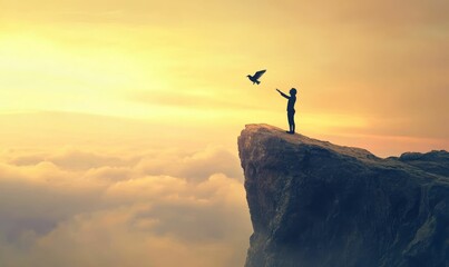 Silhouette of person reaching for bird on cliff.