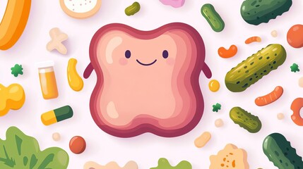 Illustration of a happy stomach surrounded by probiotic foods like kefir, yogurt, and pickles, Happy stomach, probiotic foods, promoting gut balance with probiotics