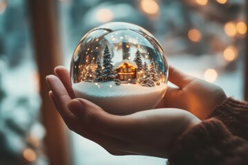 Hands holding a snow globe with a cozy winter cabin scene