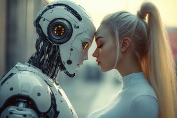 Close-up of human and robot sharing an intimate moment