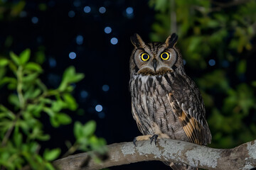 Obraz premium Owl Perched on a Tree Branch at Night: An owl with glowing eyes perched on a branch, with a starry night sky in the background, Animal wildlife photography