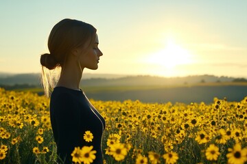 Fototapeta premium Woman meditating in a sunflower field at sunset symbolizing joy connection to nature and the peaceful energy of mindfulness enhanced by the warm golden light