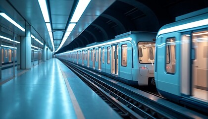 Obraz premium A sleek futuristic subway system with transparent trains and glowing rail tracks