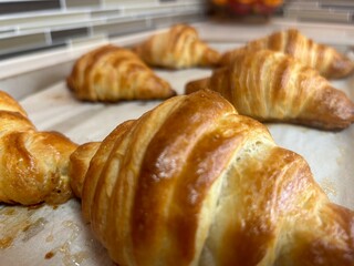 A shallow depth of field shot focused on the foreground croissant. A close-up shot of golden, flaky croissants freshly baked and resting on a parchment-lined tray.