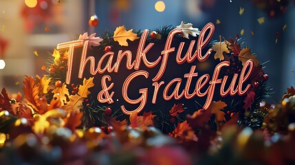 3D bold "Thankful & Grateful" text with festive autumn wreaths