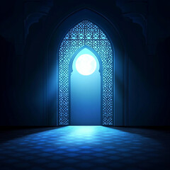 Islamic Realistic background with Moonlight blue shine through the window into a dark room