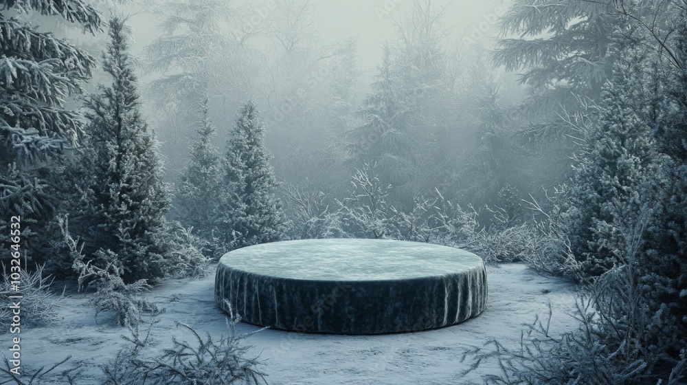 Poster a large, circular stone lies in a tranquil winter forest, bordered by frosty evergreen trees. the sc