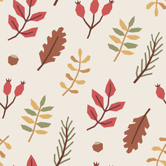 Seamless pattern of autumn leaves, rosehip berries and fir branches in cutout style on light beige background. Simple geometric botanical elements. Fall vector design for textile, wallpaper, wrapping