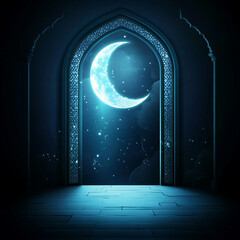 Islamic Realistic background with Moonlight blue shine through the window into a dark room