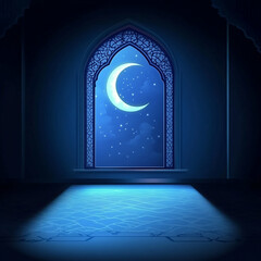 Islamic Realistic background with Moonlight blue shine through the window into a dark room