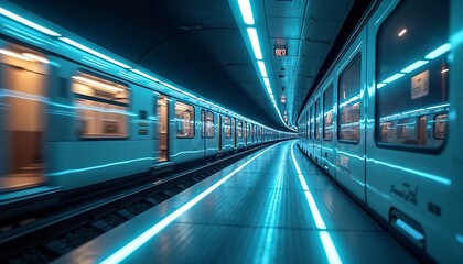 A sleek futuristic subway system with transparent trains and glowing rail tracks