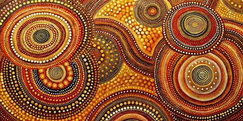 Fototapeta premium Abstract Circular Pattern with Orange and Yellow Dot Art, Aboriginal ArtDot Painting