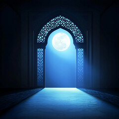 Islamic Realistic background with Moonlight blue shine through the window into a dark room