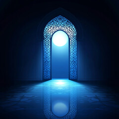 Islamic Realistic background with Moonlight blue shine through the window into a dark room