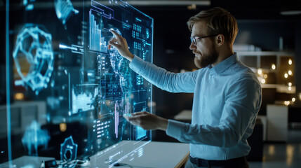 A scientist interacts with a digital interface displaying holographic data in a modern lab setting at night