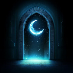Islamic Realistic background with Moonlight blue shine through the window into a dark room