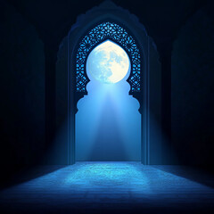 Islamic Realistic background with Moonlight blue shine through the window into a dark room