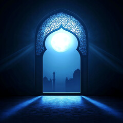 Islamic Realistic background with Moonlight blue shine through the window into a dark room