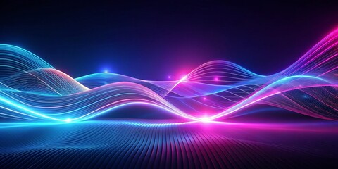 Obraz premium Abstract Neon Waves Vibrant Blue and Pink Glow, Futuristic Digital Landscape, Abstract Art, Neon Lights