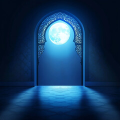 Islamic Realistic background with Moonlight blue shine through the window into a dark room