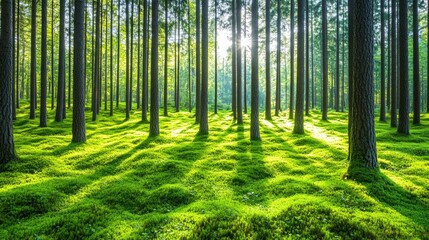 Fototapeta premium A tranquil morning in a dense pine forest with sunlight filtering through lush greenery