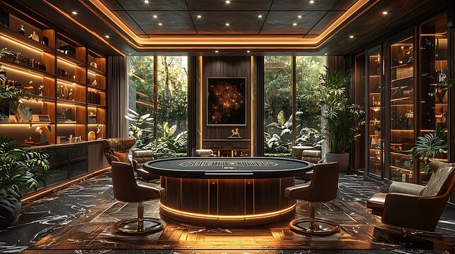 Luxurious game room with poker table, leather chairs, and a fireplace.