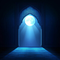 Islamic Realistic background with Moonlight blue shine through the window into a dark room
