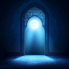 Islamic Realistic background with Moonlight blue shine through the window into a dark room