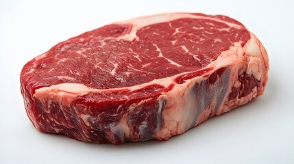 Realistic close-up of a raw ribeye steak with marbled fat on a white background, showcasing the rich red color and intricate marbling