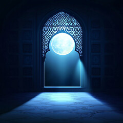 Islamic Realistic background with Moonlight blue shine through the window into a dark room